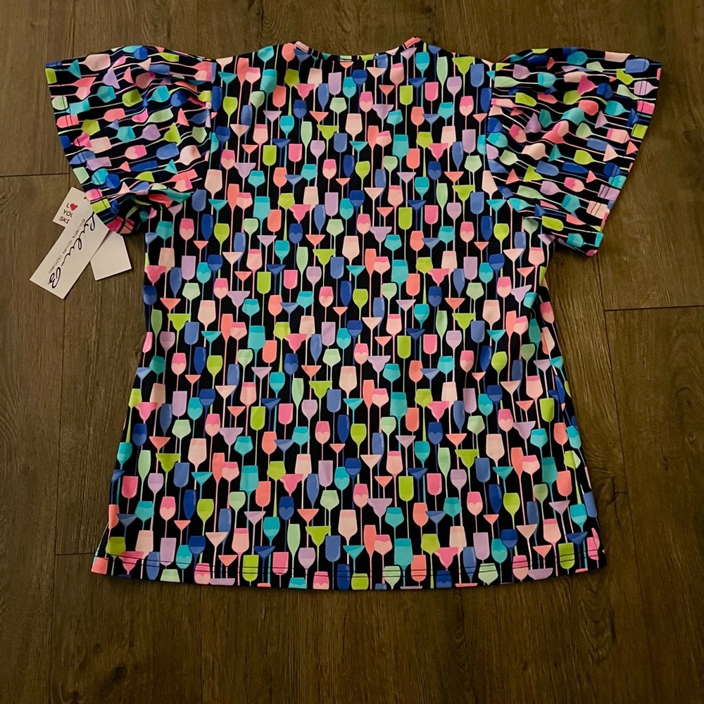 Lulu B Colorful Wine Glass Ruffle Sleeve Cooling UPF 50 Top NWT Size Medium M - Picture 3 of 12